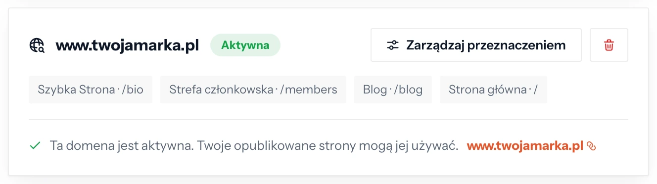 Aktywna domena www.twojamarka.pl z przypisaną Szybką Stroną, strefą członkowską, blogiem i stroną główną
